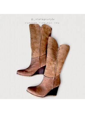 Tan suede mid-calf UGG boots with wooden wedge heel.
